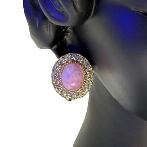 Vintage‎ D'Orlan Signed Pink Cabochon Oval Rhinestone Clip-On Earrings Gold Tone
